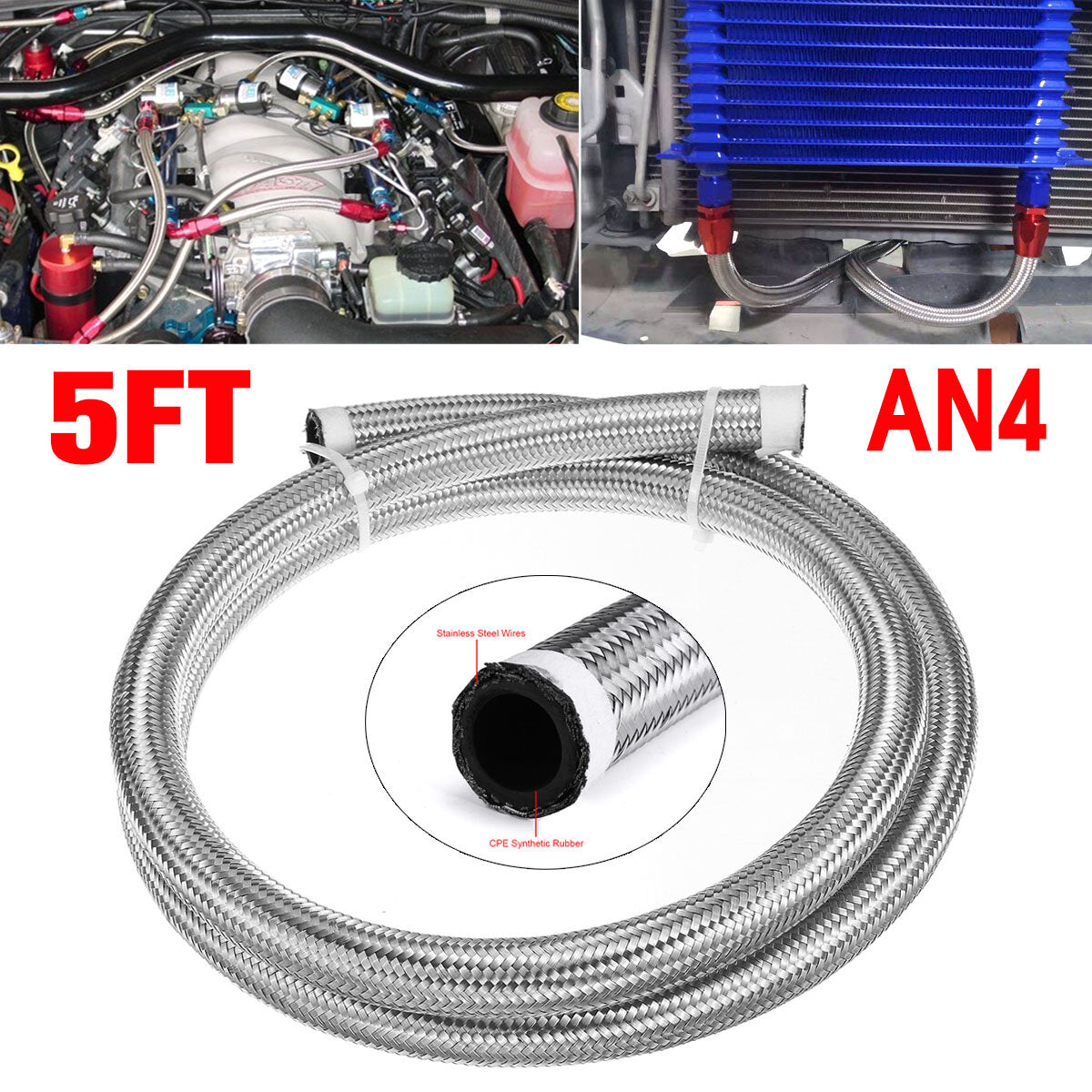 5FT AN4 AN6 AN8 AN10 Fuel Hose Oil Gas Line Pipe Stainless Steel Braided Silver