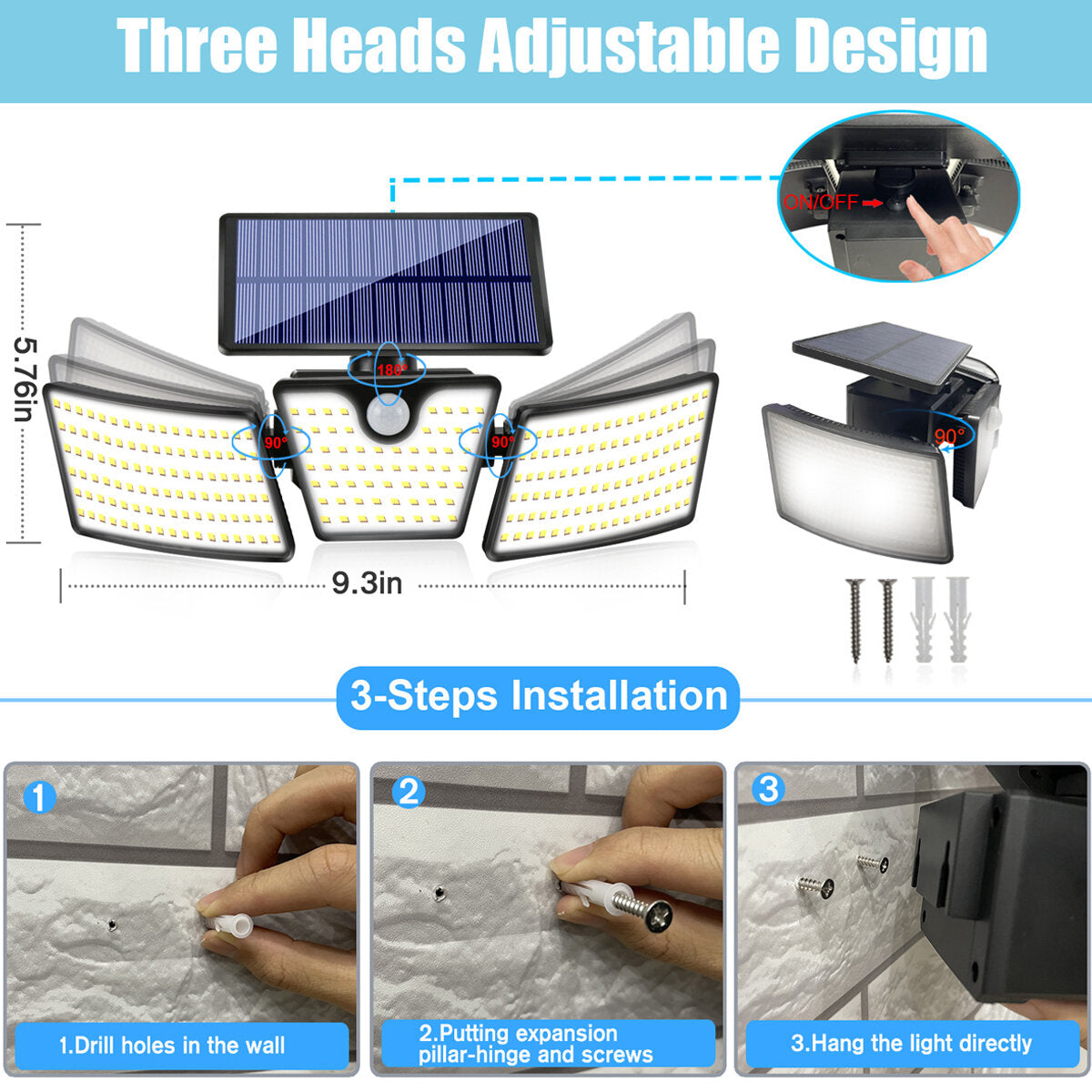 265LEDs 3 Head Solar Motion Sensor Light Outdoor Garden Wall Security Flood Lamp