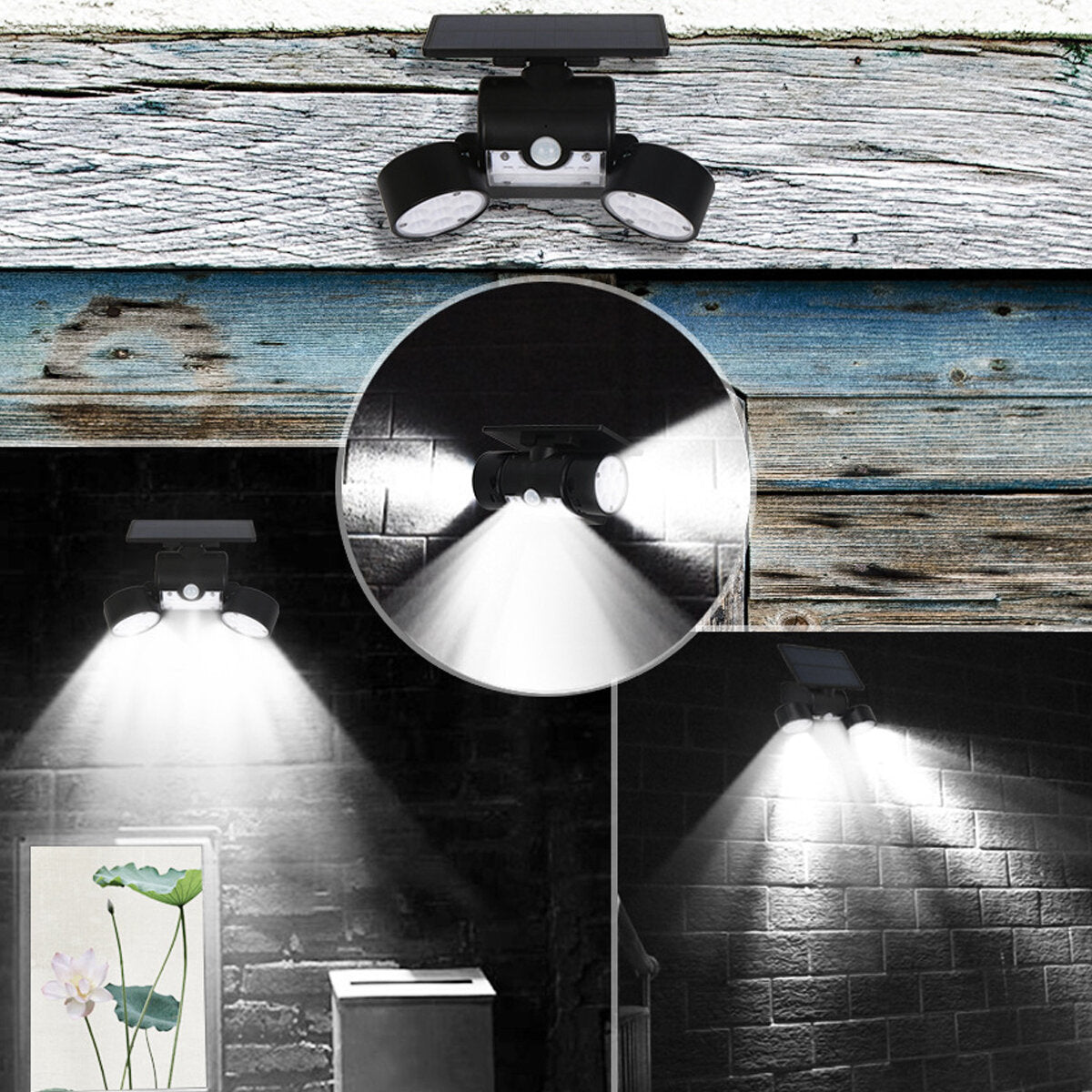 LED Solar Power Street Light Double Head Spotlight PIR Motion Sensor Wall Lamp Outdoor Garden Path Yard Lighting