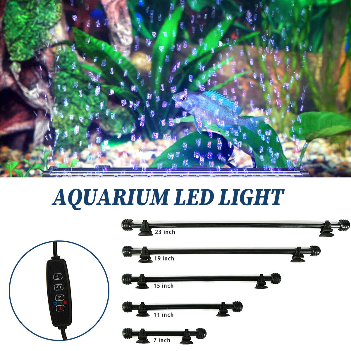 13.2W 18-90CM Fish Aquarium Tank 12V LED 3modes Submersible Light Underwater White + Blue Lamp Lantern