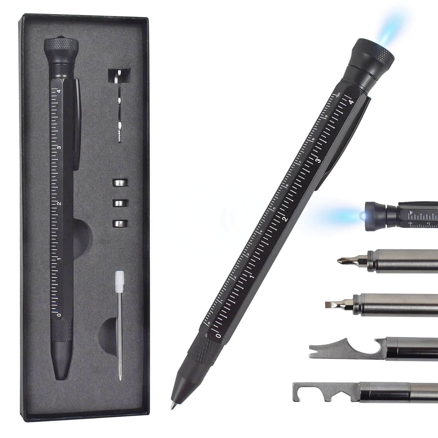 12-in-1 Multifunctional Pen with LED Light, Massager, Rulers, Screwdrivers & More - Durable, Portable Gift Set