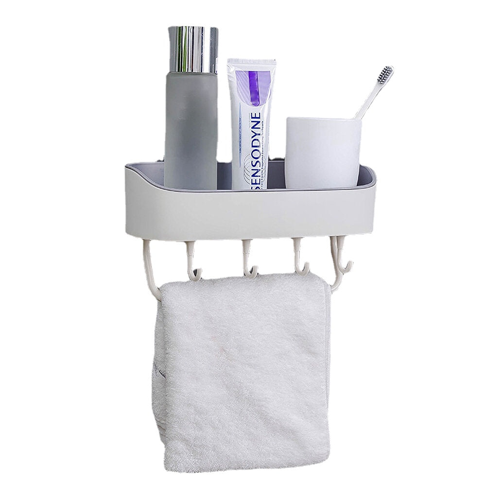 Bathroom Wall-mounted Storage Shelf Kitchen Storage Caddy Rack Organizer Tray Towel Holder No Drill with Hook