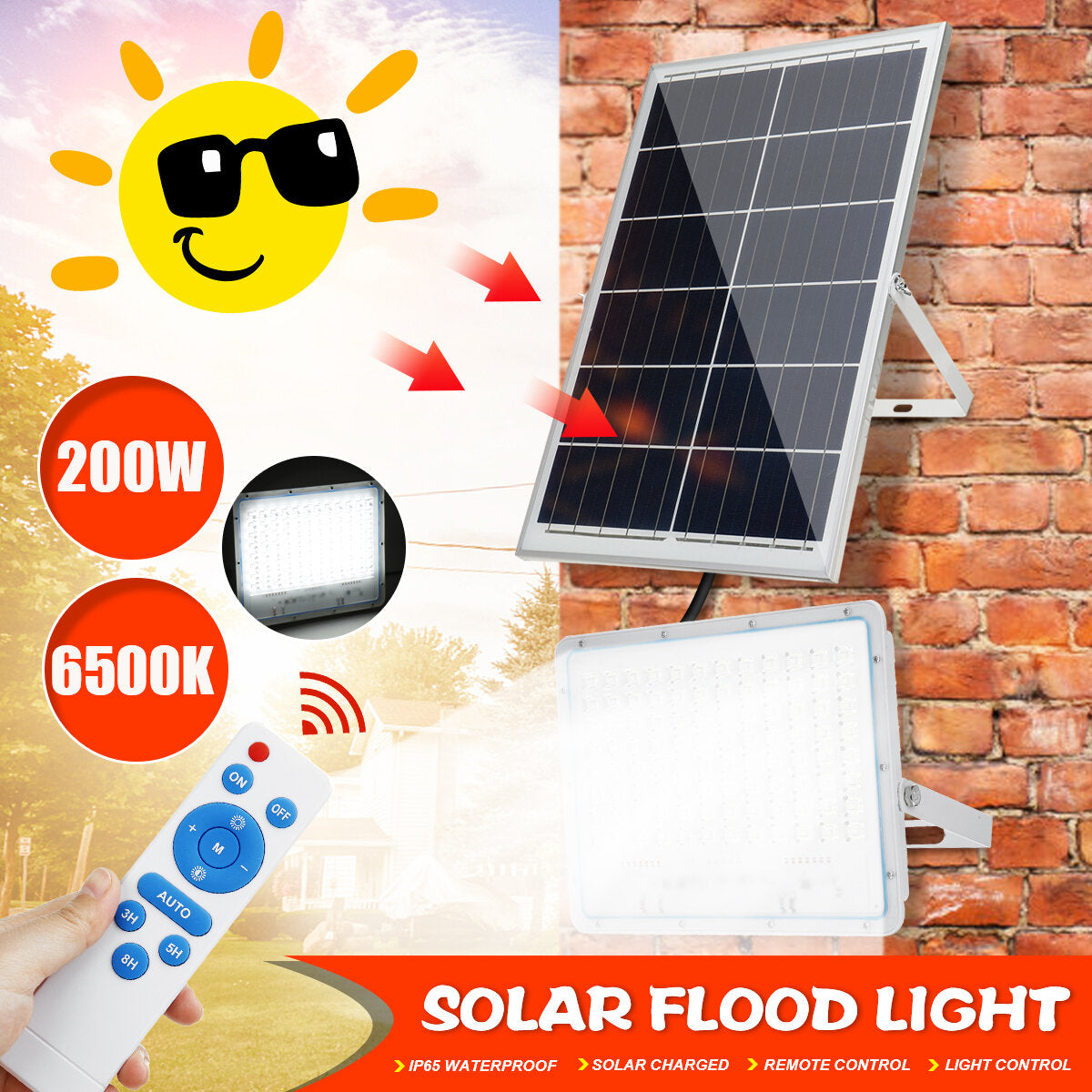 200W 192LED Solar Powered Flood Light Remote Control Light Sensor Timing Outdoor Waterproof IP65