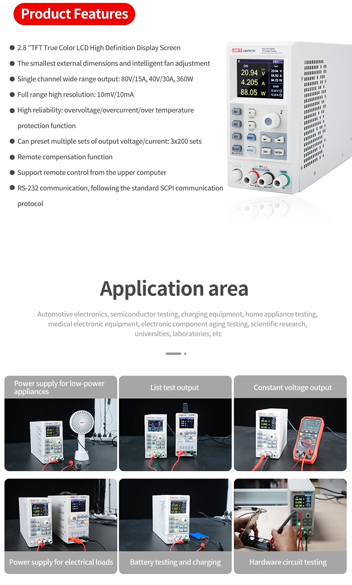 DC Power Supply 0-80V 0-15A 360W Digital Programmable Power Supply Low Ripple RS-232 Communication Adjustable Voltage and Current