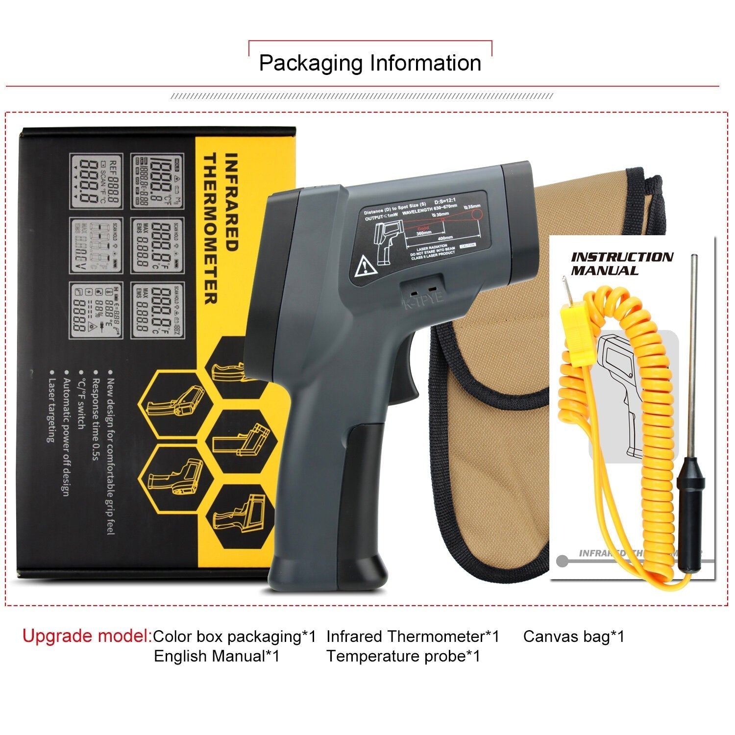 Upgraded -50~550 Non-contact Dual Laser Infrared Thermometer with K-type Thermocouple