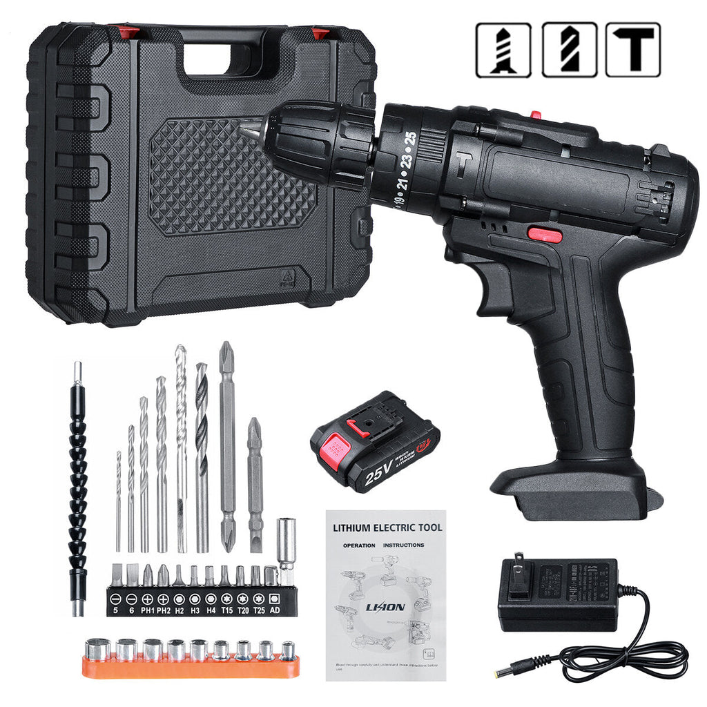 25V Cordless Electric Drill Bits Screwdriver Kit Handheld Power Tool + Battery