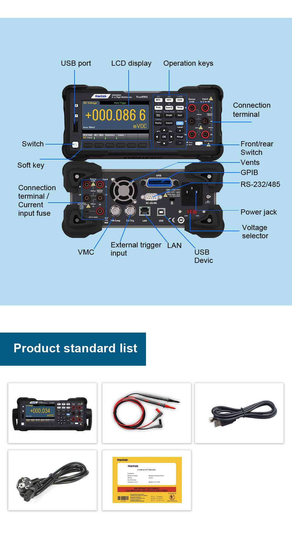 1/2 6 1/2 True RMS Digital Multimeter Dual Display 30,000rdgs/s Reading Rate + 10,000 Memory Desktop Multitester HDM3055 HDM3055A HDM3065 HDM3065B