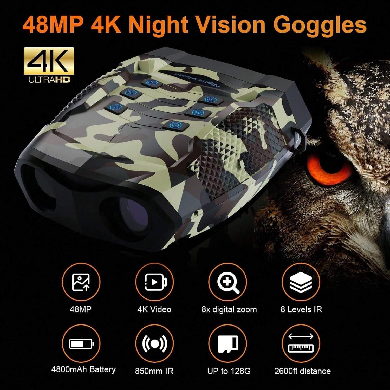 48MP Night Vision Goggles with 4K Video, 8x Zoom, 3" Screen, 20-Hour Battery, Ideal for Hunting - Includes 32GB SD Card