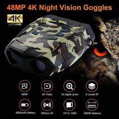 48MP Night Vision Goggles with 4K Video, 8x Zoom, 3" Screen, 20-Hour Battery, Ideal for Hunting - Includes 32GB SD Card