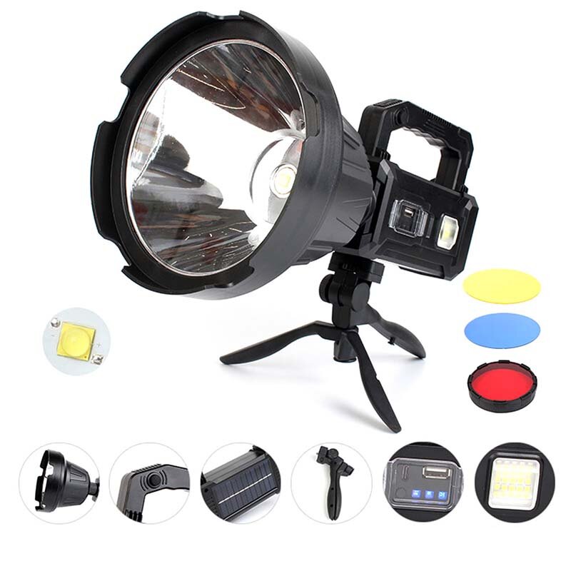 LED Flashlight 5500-7000K Super Bright 6 Modes Type-c Sloar Rechargeable Long Throw Waterproof Solar Portable Searchlight For Hunting Camping