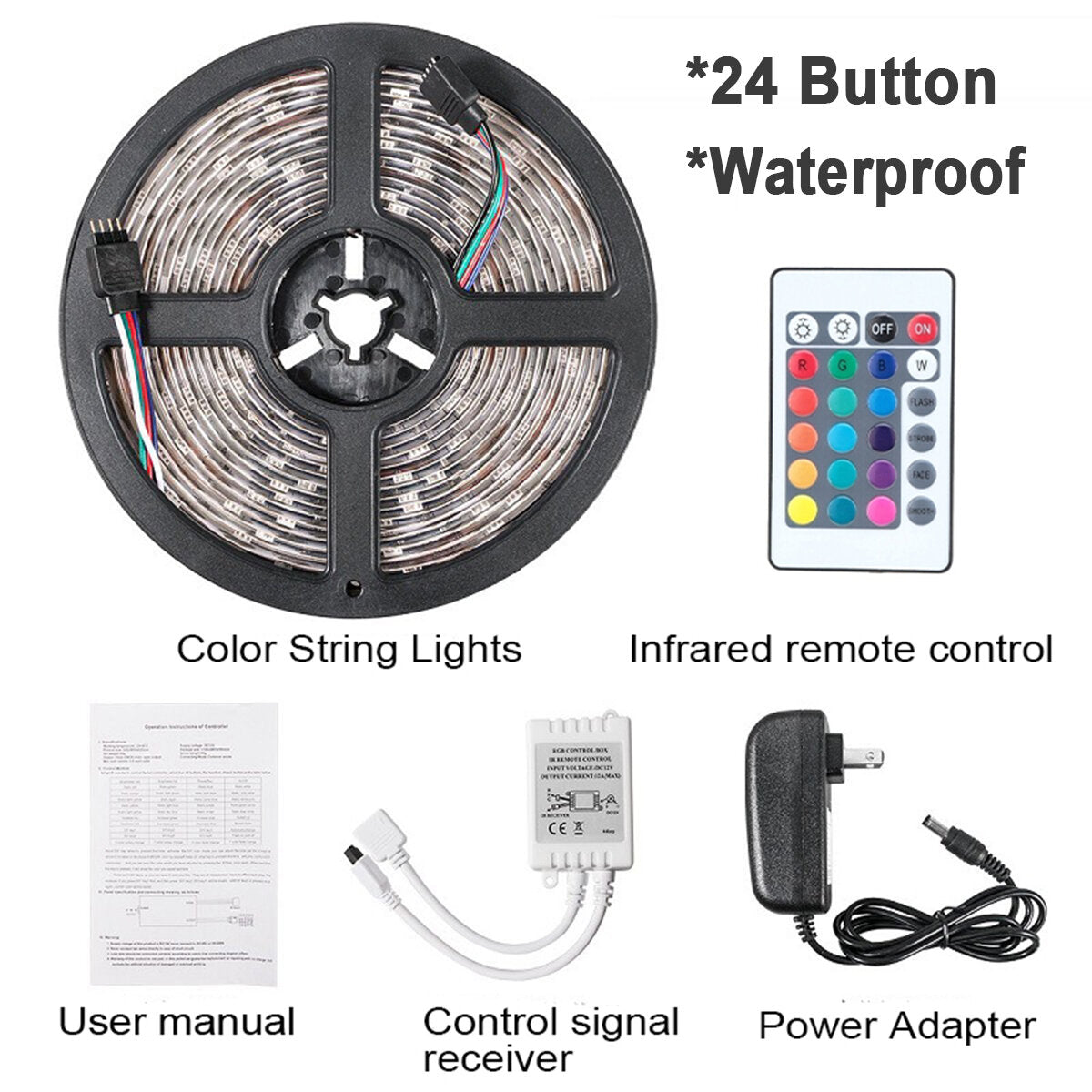 DC12V 2835SMD 5M 300LED Strip Light Waterproof Non-waterproof RGB Lamp + 24/44 key IR Controller+ Power Adapter