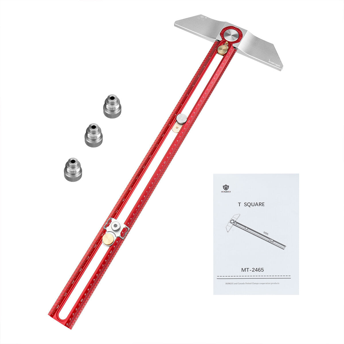 Metric Woodworking Line Scriber T-Square Ruler, Aluminum Alloy, 650mm, Hole Positioning Gauge, Red/Silver
