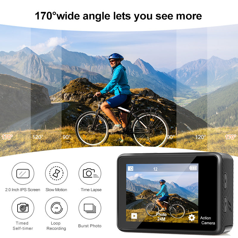 4K 60FPS WiFi Camera with Dual Color Screen 170° Wide Viewing 30M Waterproof EIS Anti-shake Outdoors Sports Camera