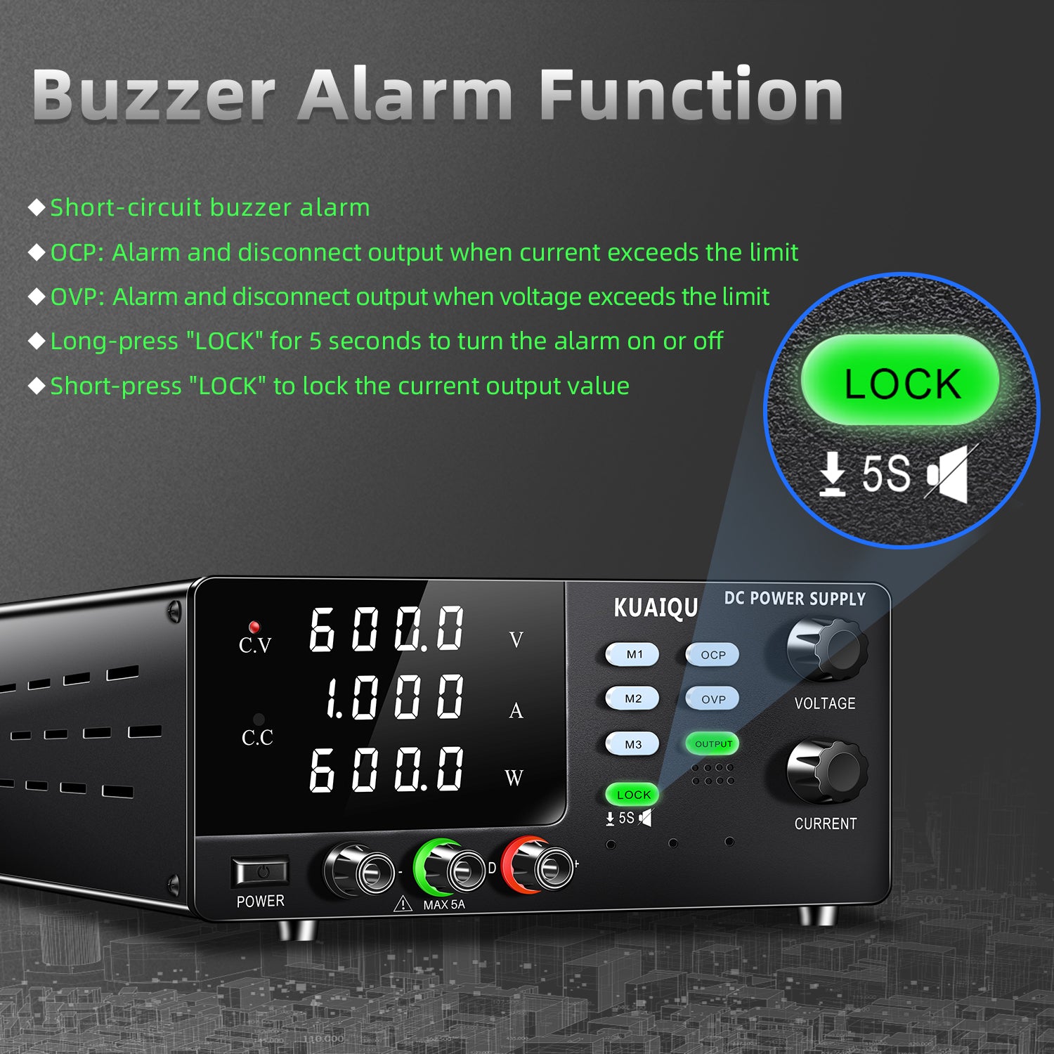 DC Power Supply 400V 600V 800V 1000V 1A RS-232 USB ommunication interfaces 4-Digit LCD Dual-Knob Encoder Memory Function OCP OVP Lock Bench Power Supply