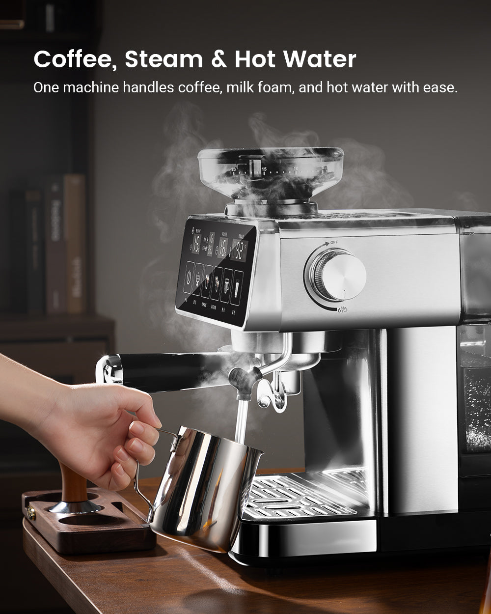 Espresso Coffee Machine 20Bar 1150W with Built-in Conical Burr Grinder PID & NTC 51mm Portafilter Manual Steam Wand