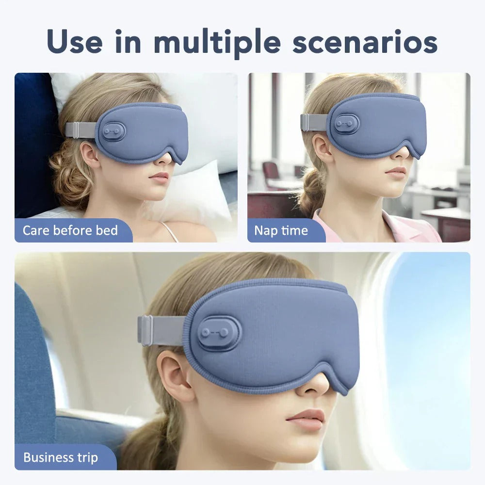 Heated 3D Sleep Eye Mask with Vibration, Hot Compress, Adjustable Temperature, Reduces Dark Circles & Puffiness - Blue