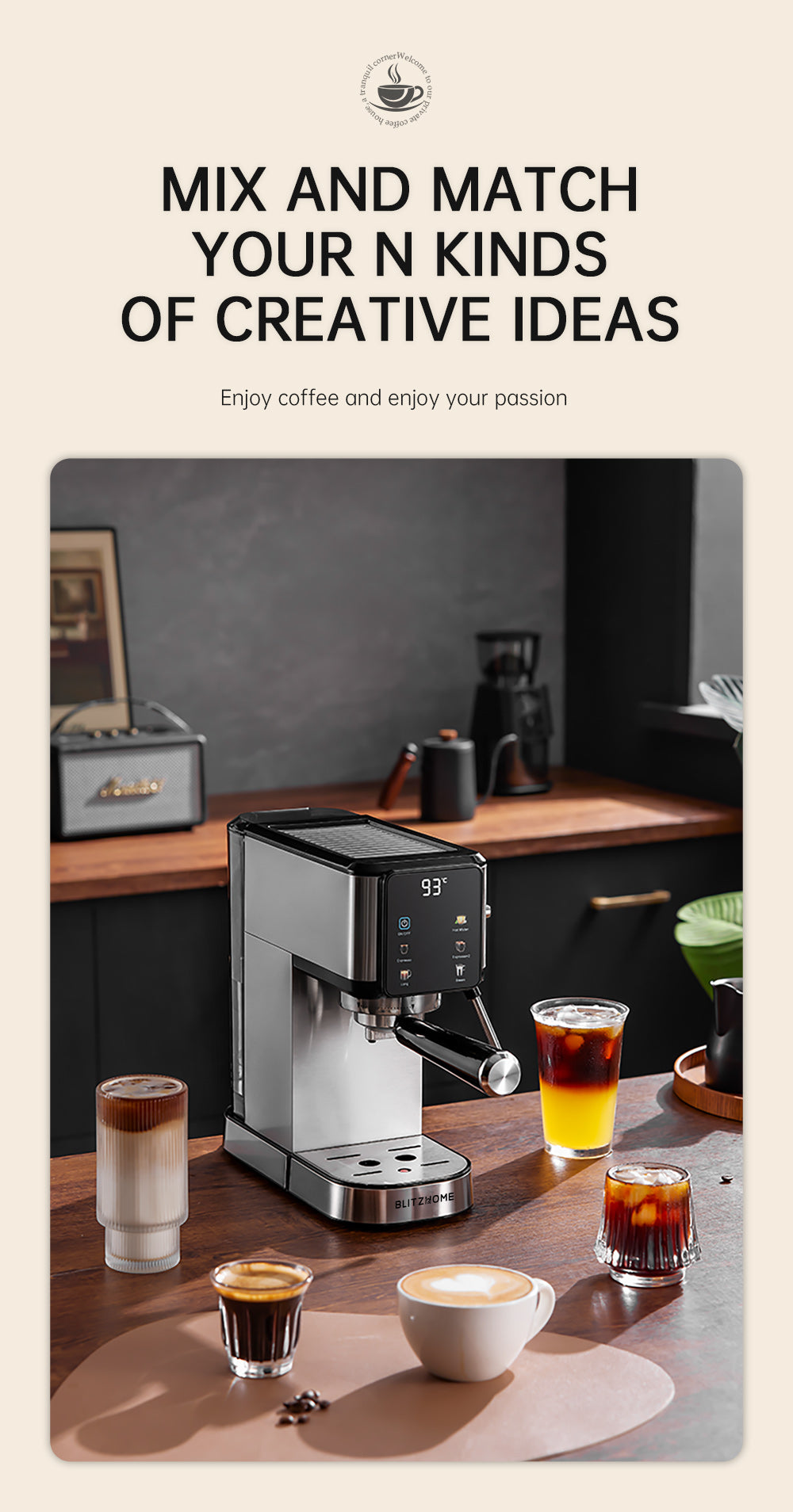 Semi-Automatic Espresso Coffee Machine 20Bar 1350W with Touchscreen Control Cup Warmer 1L Removable Water Tank