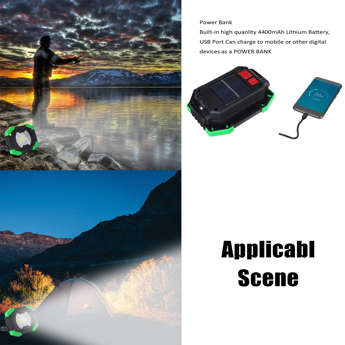 AA/Solar Battery COB 750LM Rechargeable Waterproof LED Portable Spotlight Work Light for Outdoor Camping Fishing