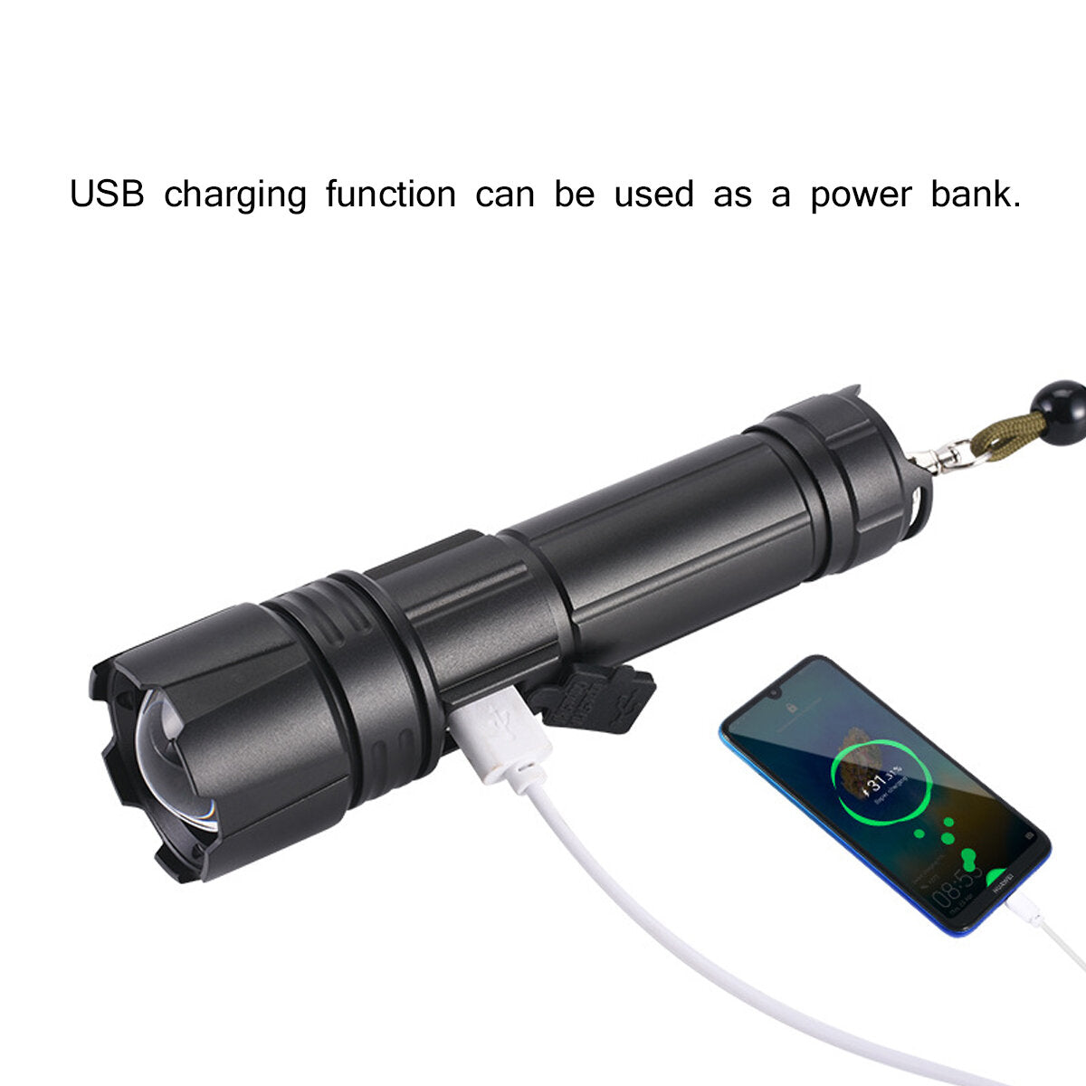 1000LM 300M Long Range SOS 18650 Flashlight USB Rechargeable Mobile Powerbank For Phone