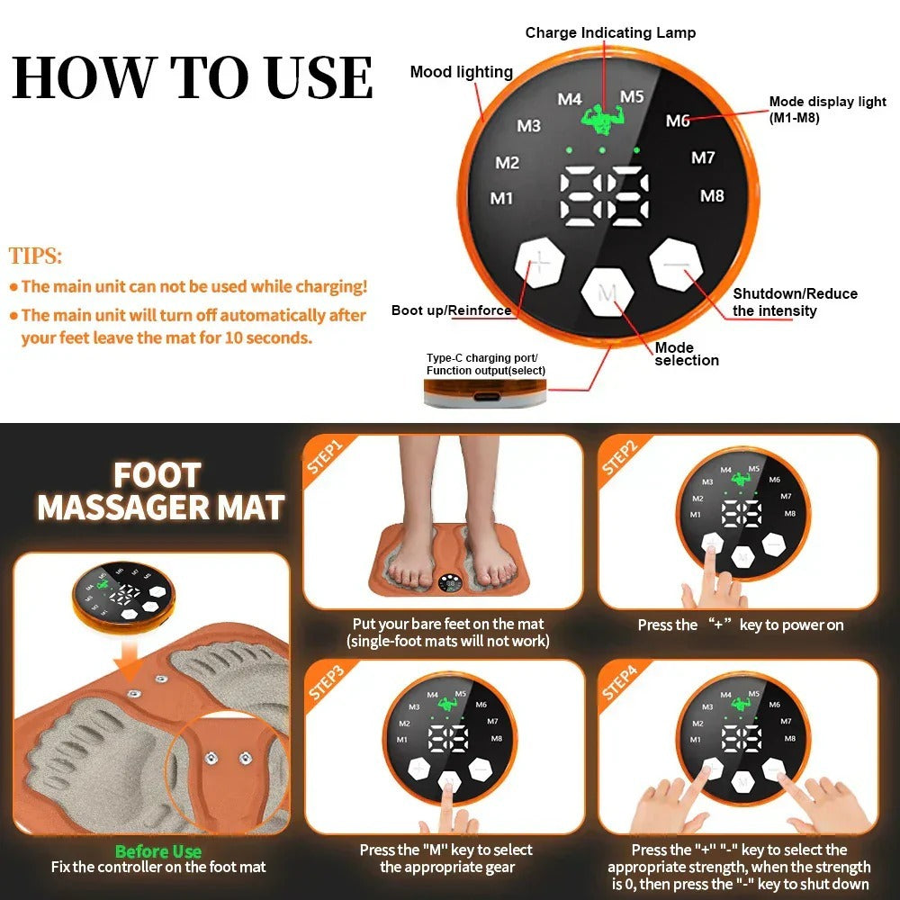 3D Foot Massager Pad with 8 Modes, 29 Intensities, RF Remote, Ergonomic Design for Relaxation & Slimming - Orange