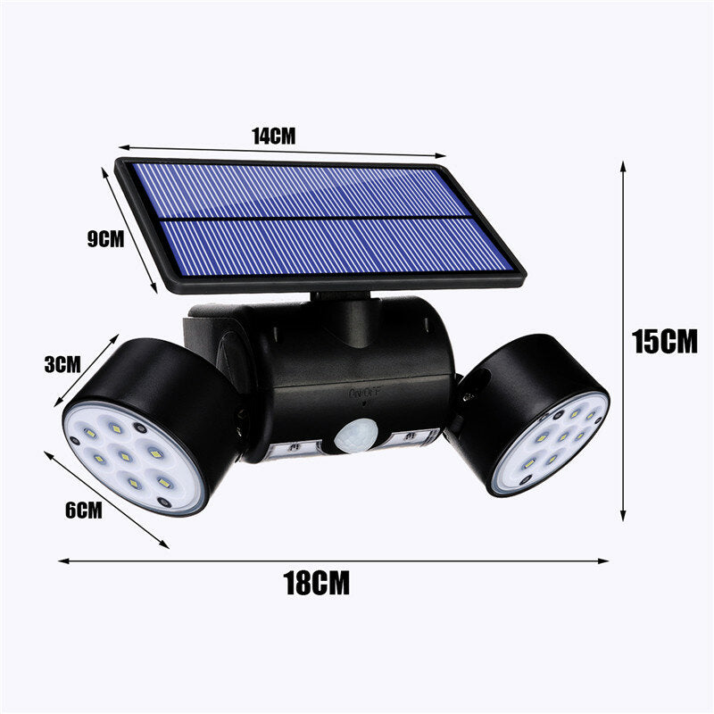 30LED Solar Power PIR Motion Sensor Wall Light Adjustable Dual Head Outdoor Spot Lamp