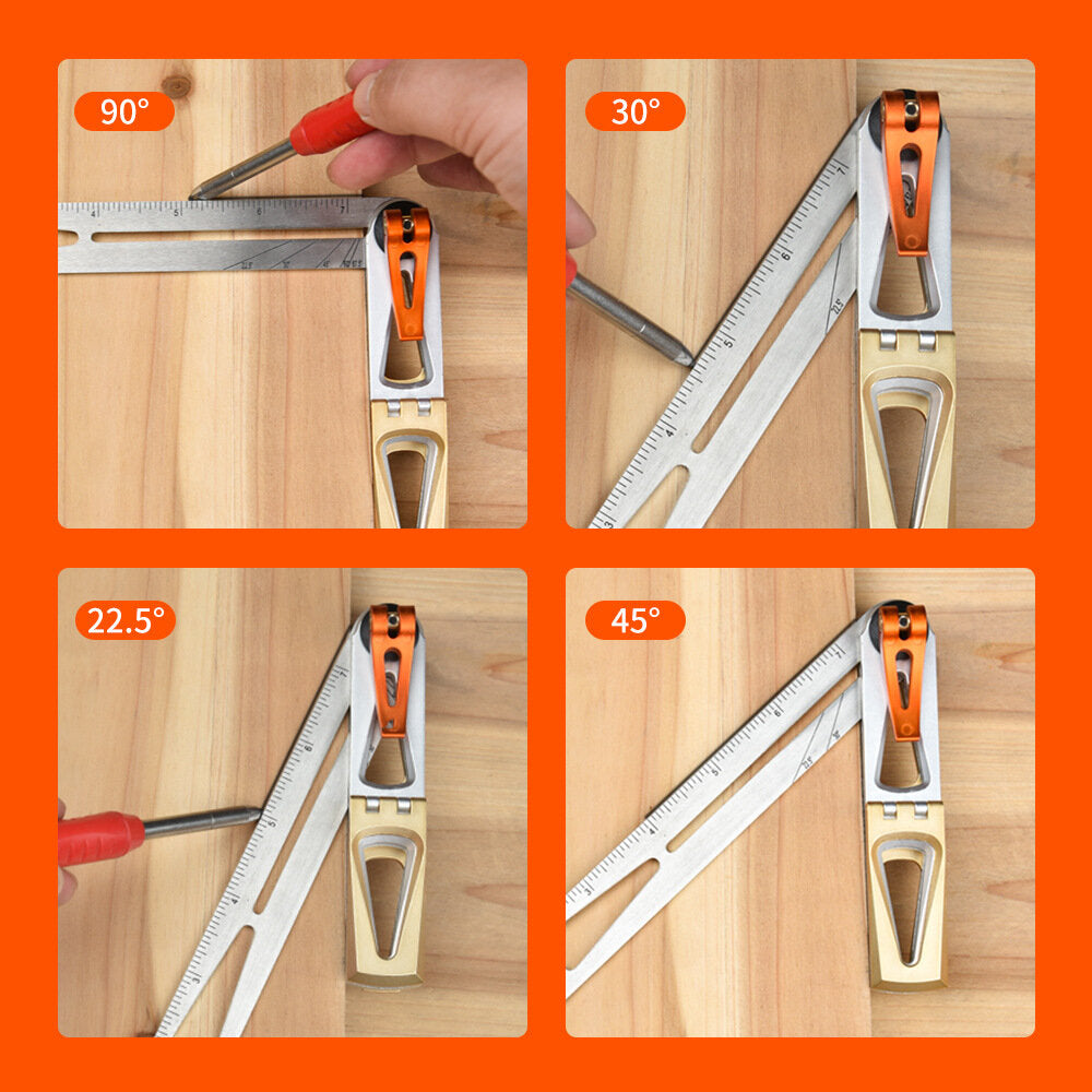 Multi-Functional Carpentry Square with Dual Scales, 90° Angle, Lock Knob - Stainless Steel Ruler, 300mm Length