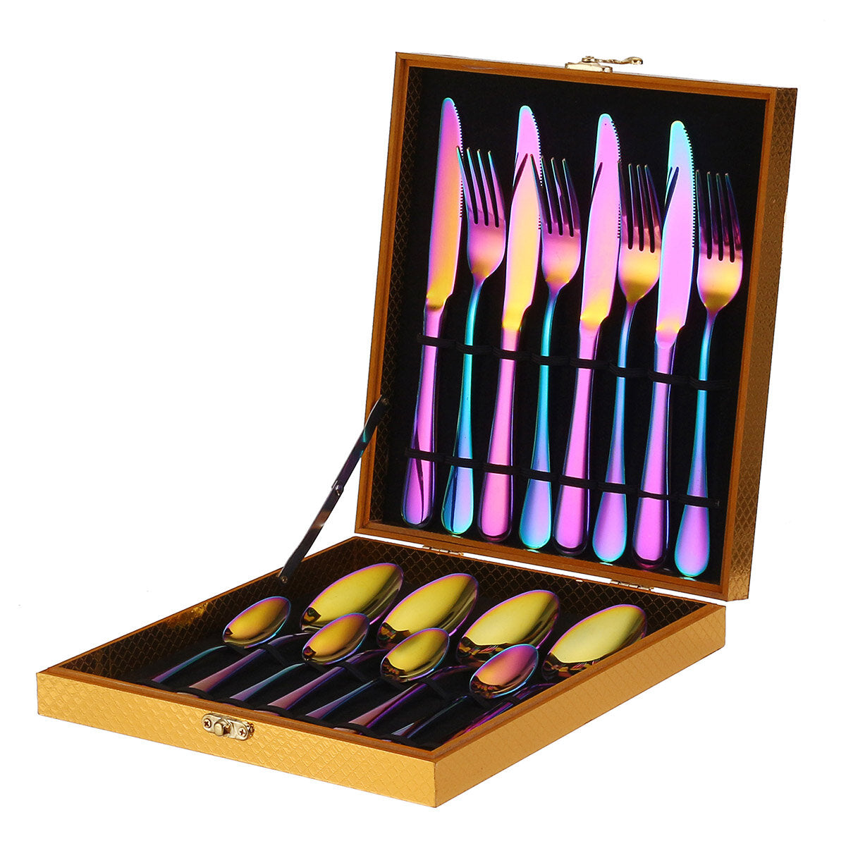 16PCS Cutlery Set Stainless Steel Rainbow Fork Spoon Kitchen Dinnerware Sets With Storage Box