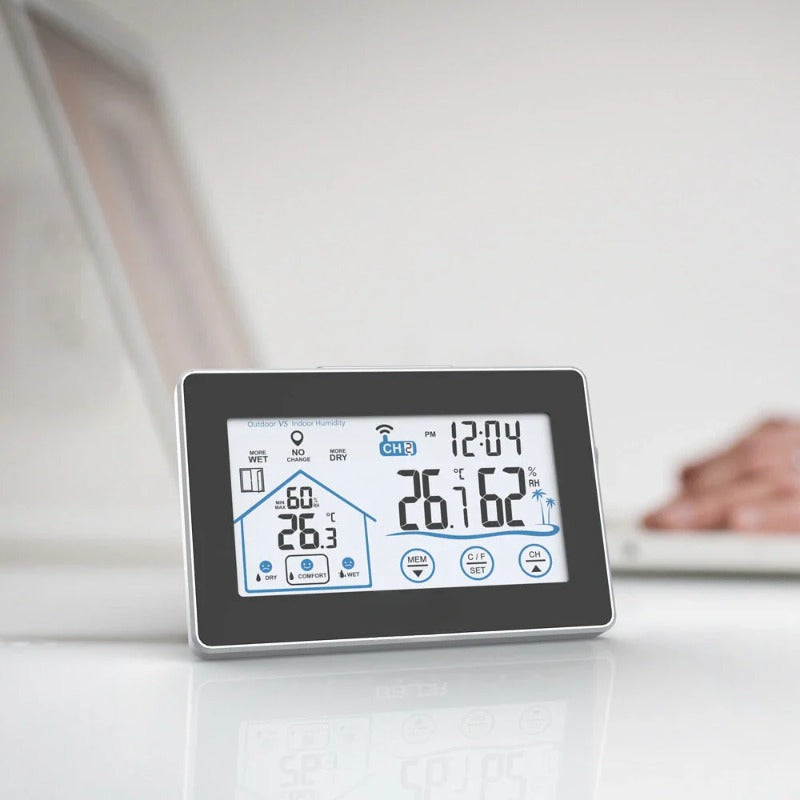 Wireless Weather Station Alarm Clock Touch Screen In/Outdoor Thermometer Hygrometer Forecast Calendar Comfort Indicator Wireless Remote Sensor