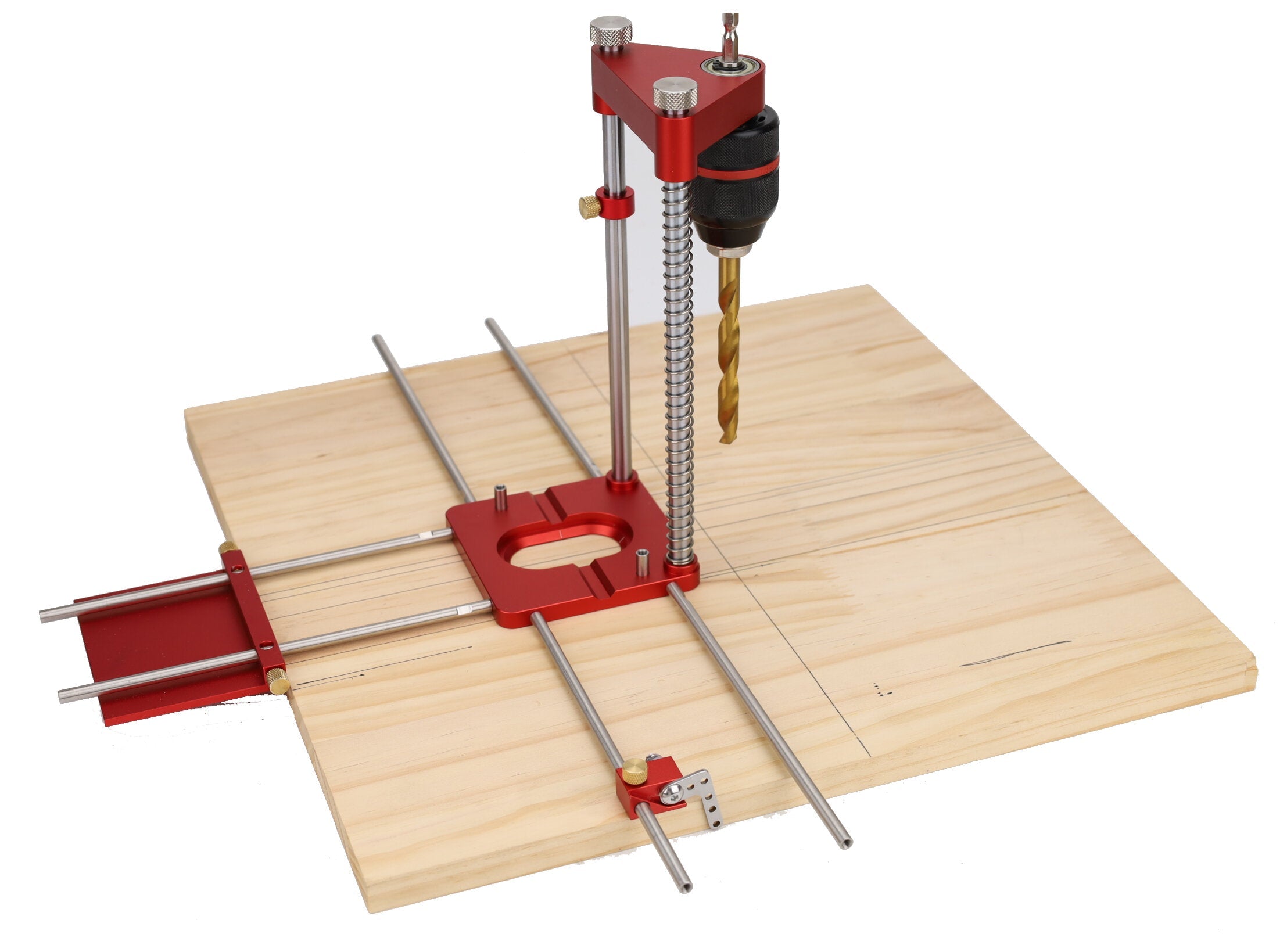 Adjustable Aluminum Alloy Woodworking Drill Locator with Extension Rods, Flip Stops & Wrench for Precision Drilling