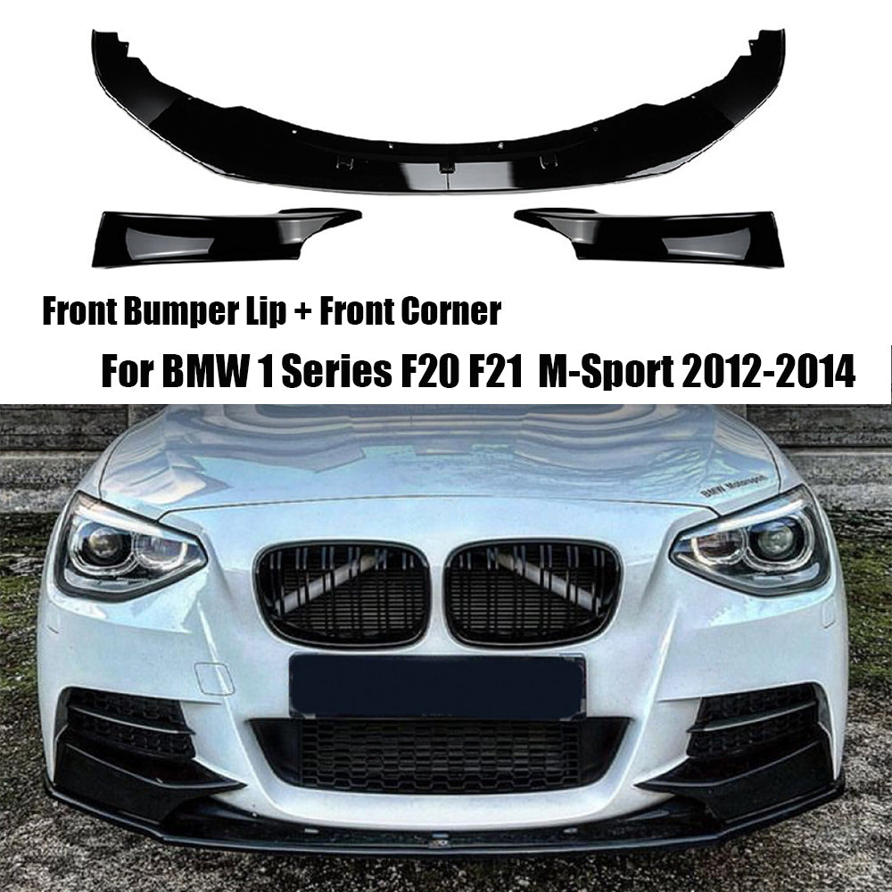 Car Front Bumper Lip + Front Corner Spoiler Splitter Modification Kit Glossy Black for BMW 1 Series F20 F21 Early M-Sport 2012-2014