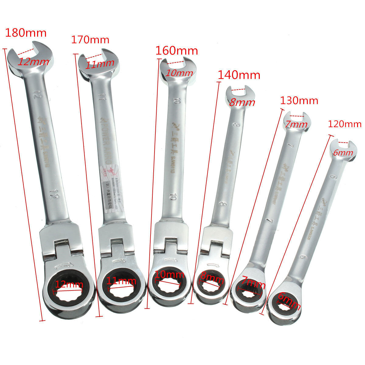 Flexible Pivoting Head Ratchet Combination Spanner Wrench Garage Metric Tool 6 Size