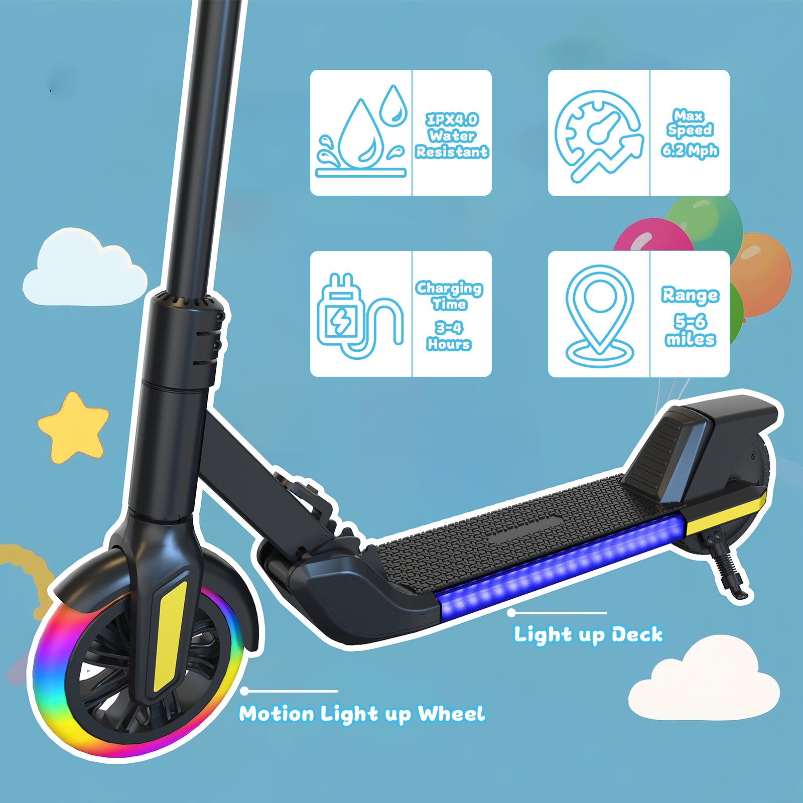 Kids Electric Scooter with LED Lights, 21.6V 2.6AH, 150W Motor, 6 Inch Solid Tires, 10KM/H Top Speed, 8-10KM Range, 70KG Max Load