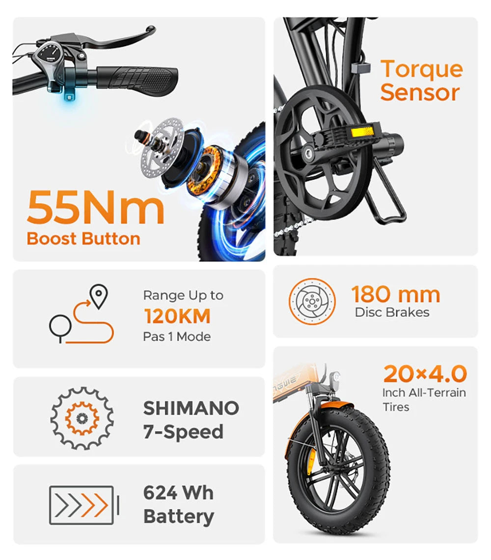 Boost 48V 13AH 250W Motor Recommended Top Speed 25KM/H 20 Inch Electric Bicycle 120KM Mileage Range Max Load 150KG ENGWE EP-2 Boost