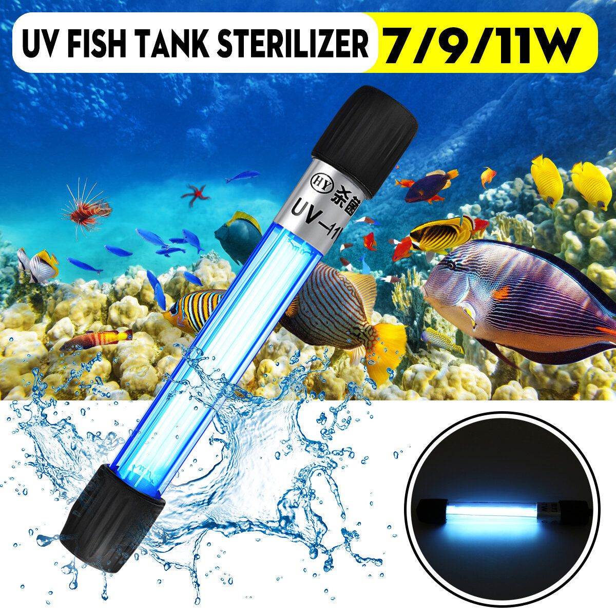 7W/9W/11W Submersible Lamp Aquarium Tank Fish UV Light Sterilizer Water Clean