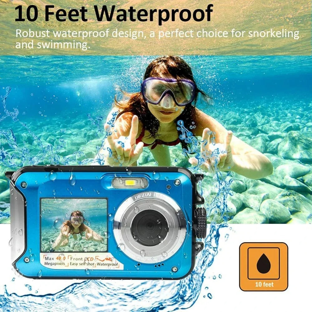 HD368 2.7K 48MP Full HD Underwater Digital Camera 10FT Waterproof Dual Screen 16X Digital Zoom for Snorkelling Swimming