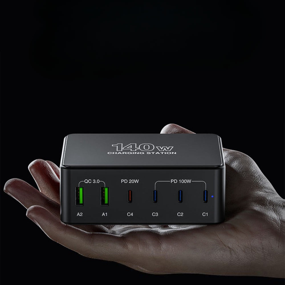 140W Desktop Charging Station - 2 USB-A & 4 USB-C Ports, EU Plug, Fast Charging, Compact Design, Black