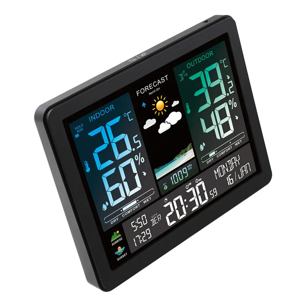 Weather Station Alarm Clock Wireless Indoor Outdoor Thermometer with Atomic Clock Forecast Station with Calendar and Adjustable Backlight