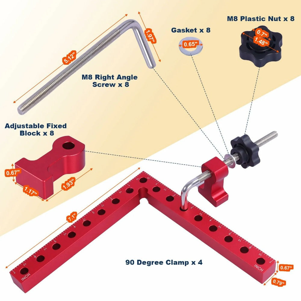 Woodworking Fixed Clip Square Ruler Set - Durable Aluminum Alloy, L-Type Design, Metric/Inch Scale, 2 Squares & 4 Clamp Hooks