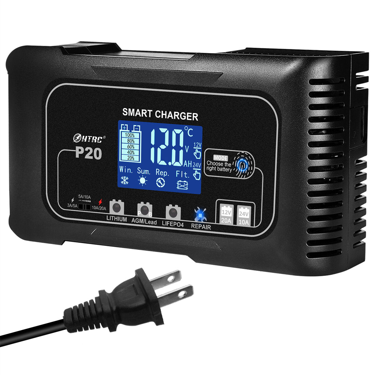 20A P20 12V-24V Smart Battery Charger For Car Motorcycle Battery Repair Charging For Auto Moto Lead Acid AGM Lithium LiFePo4 Batteries