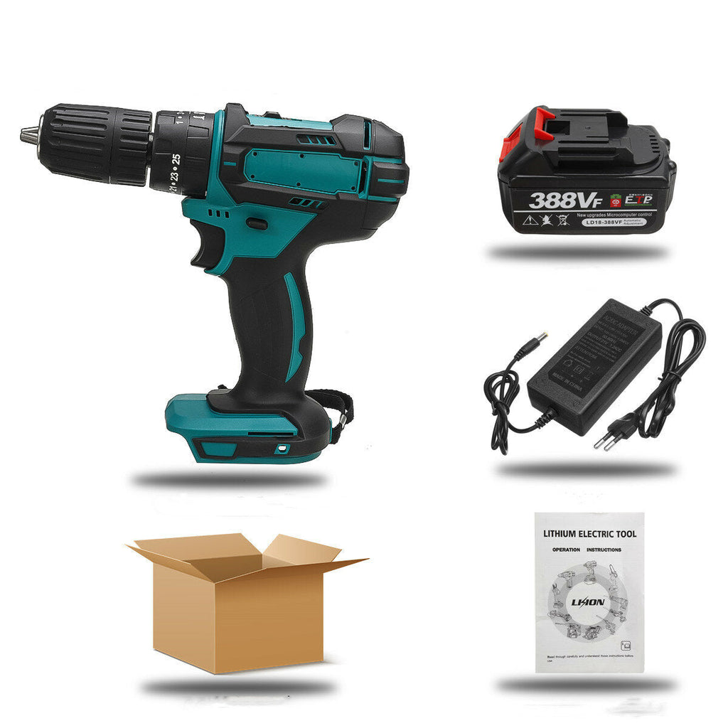 388VF 1500W Electric Cordless Impact Drill LED Working Light Rechargeable Woodworking Maintenance Tool W/ 1pc/2pcs Battery