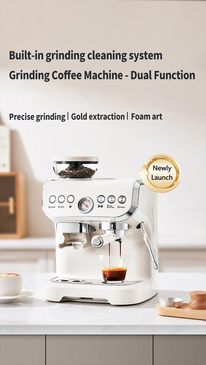1450W 20 Bar Espresso Machine with Built-in Grinder Visual Pressure Gauge 2L Water Tank Steam Wand Pre-Infusion Cappuccino Latte Machine