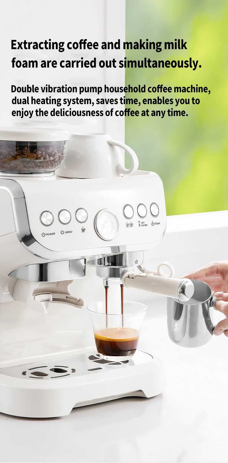 1450W 20 Bar Espresso Machine with Built-in Grinder Visual Pressure Gauge 2L Water Tank Steam Wand Pre-Infusion Cappuccino Latte Machine