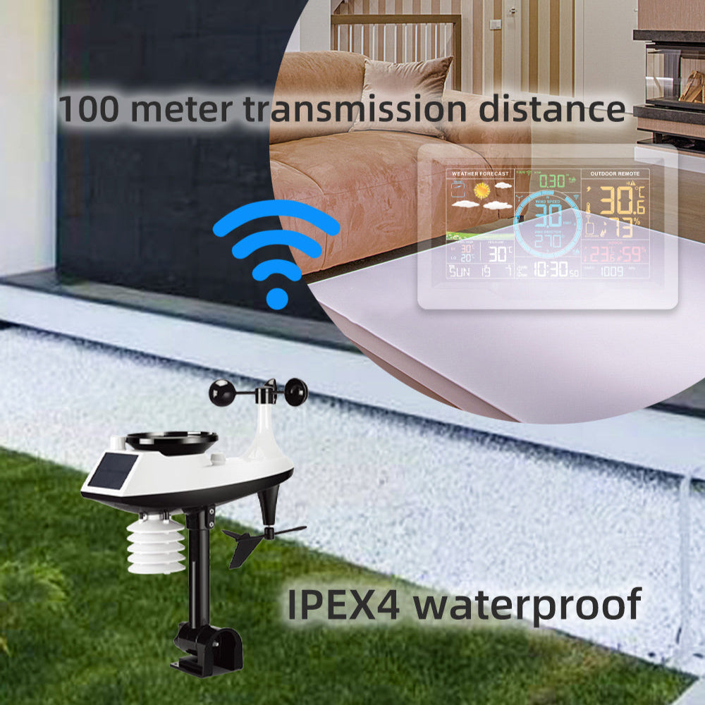 Wireless Weather Station Clock - Indoor/Outdoor Thermometer & Hygrometer with Forecast, Wind/Rain/Moon, Air Pressure Sensor