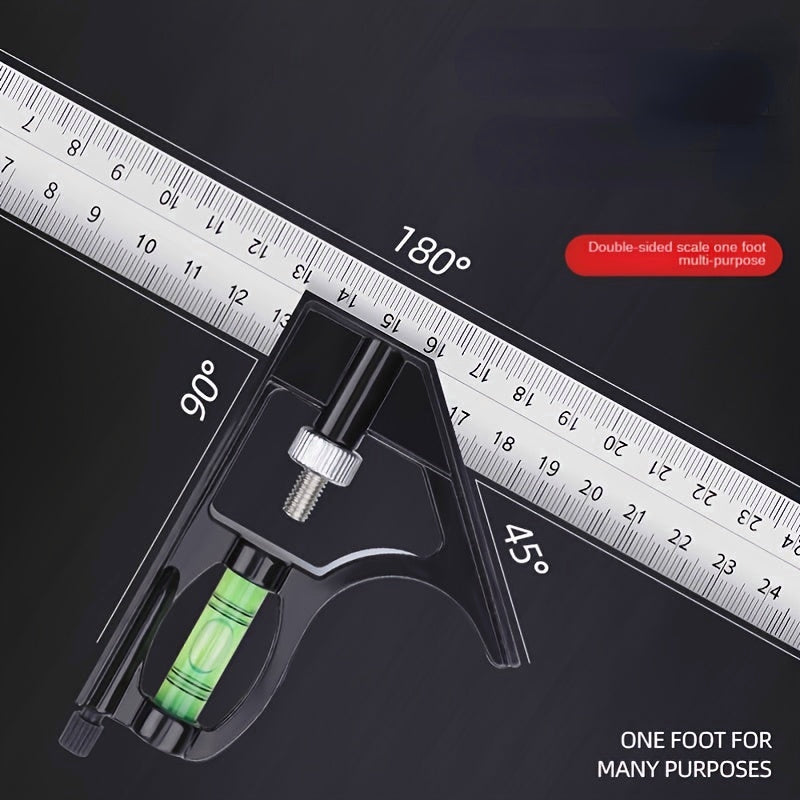 12" Professional Resolution Adjustable Stainless Steel Angle Combination Square Ruler