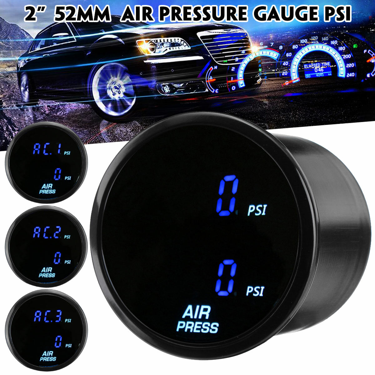 2" 52mm LED Dual Digital Air Pressure Gauge PSI Air Suspension Meter with Sensors