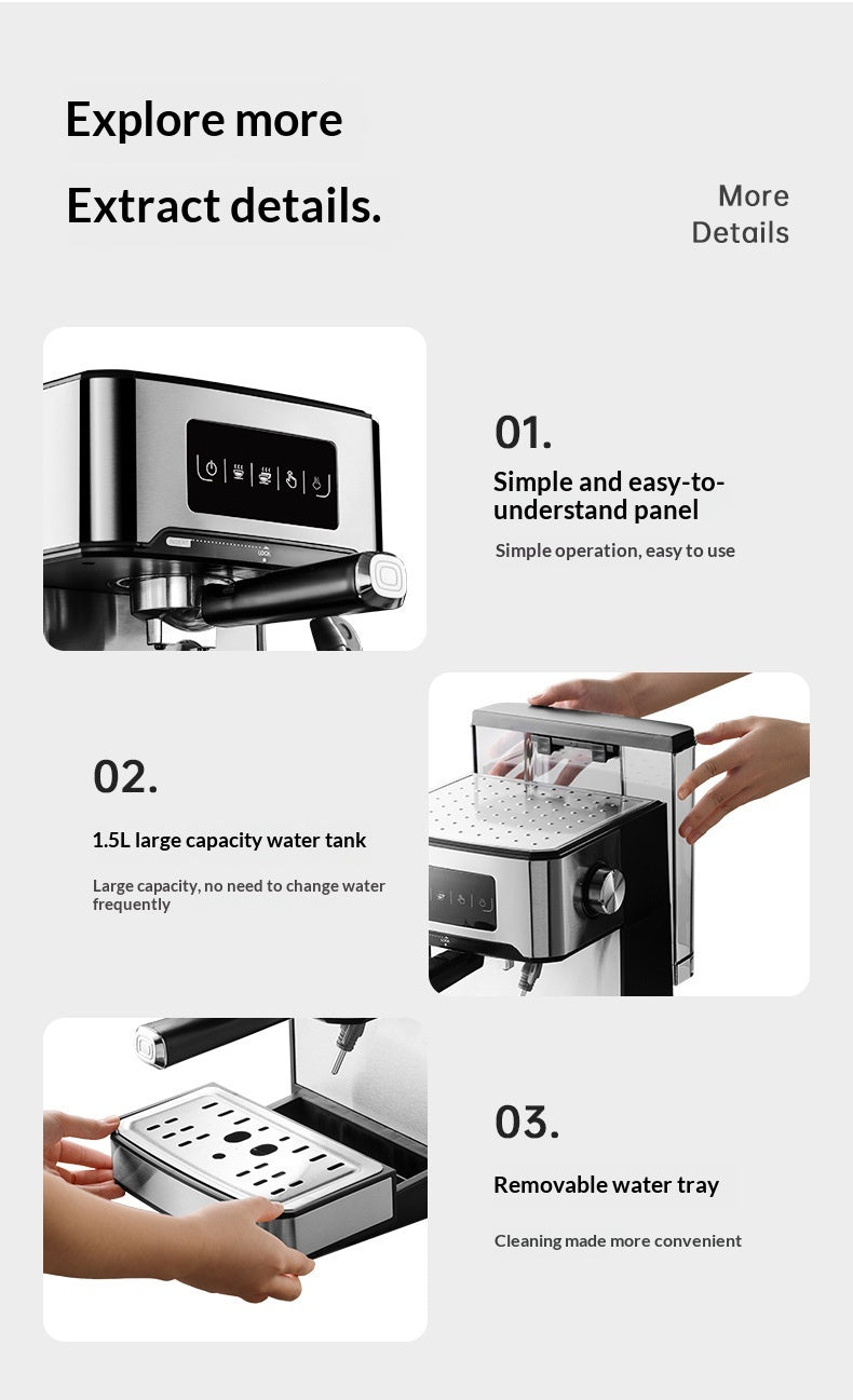 850W 20Bar Semi Automatic Espresso Coffee Machine With 1.5L Removable Tank 360° Steam Wand for Latte Home Cafe