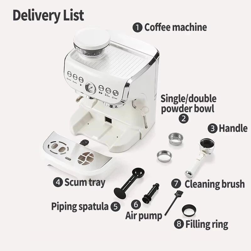 1450W 20 Bar Espresso Machine with Built-in Grinder Visual Pressure Gauge 2L Water Tank Steam Wand Pre-Infusion Cappuccino Latte Machine