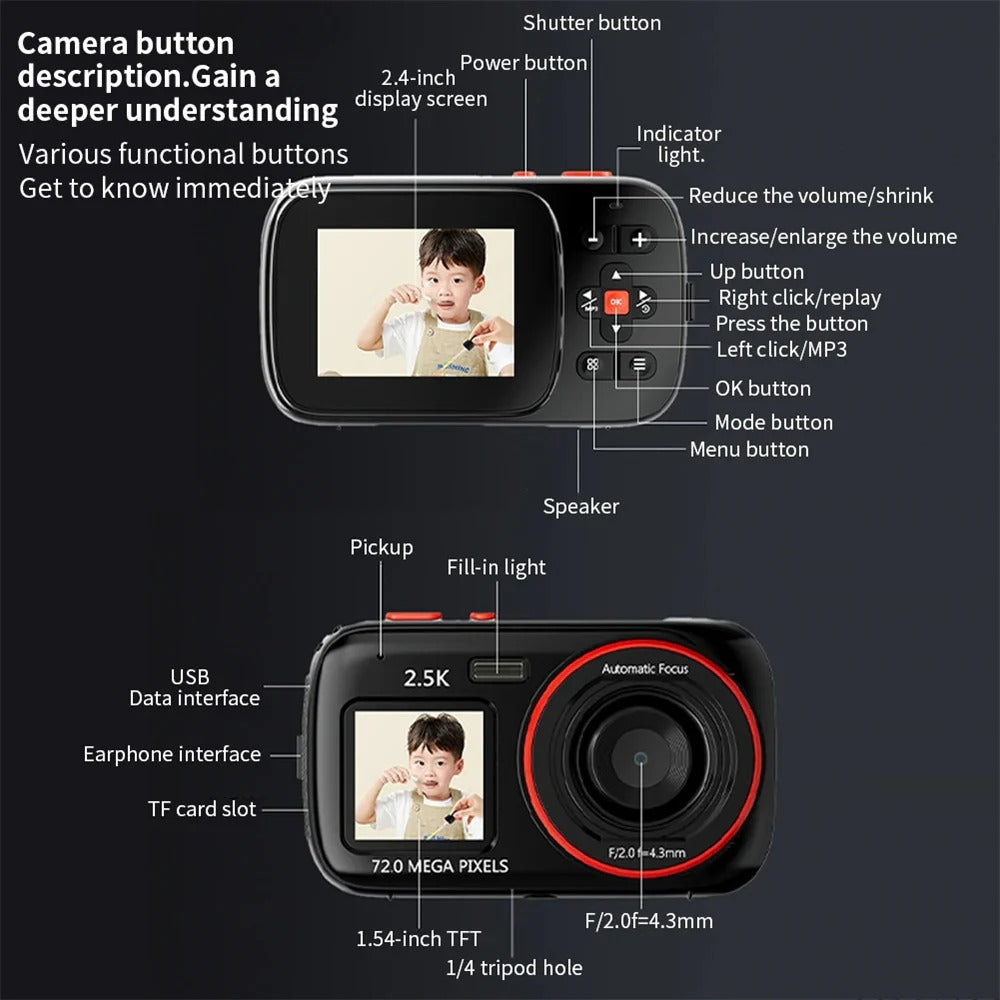 72MP Digital Camera for Photography and Video Dual HD Screen 16x Zoom Portable Cameras Gifts for Girls Boys and Kids
