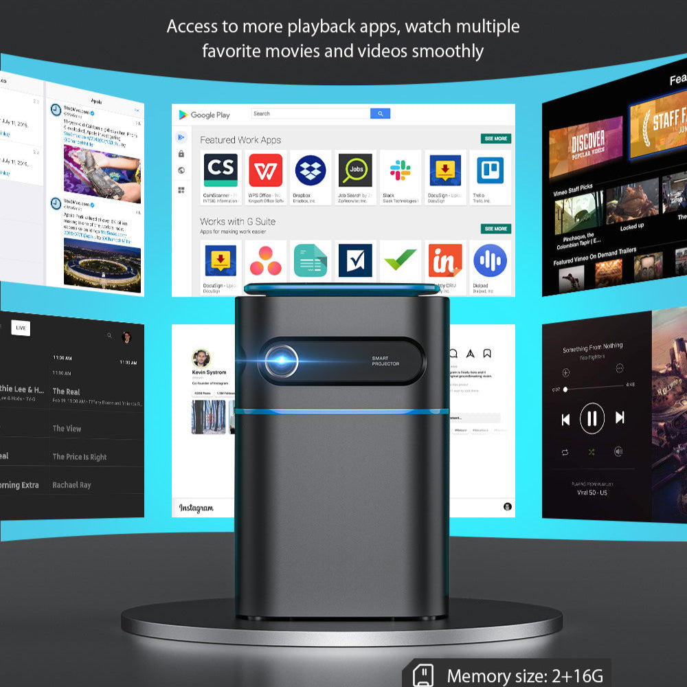DLP Mini WIFI Projector, Android 9.0, Bluetooth 4.2, 1080P, 150 ANSI Lumens, Built-in Battery, Netflix & YouTube, Outdoor Cinema