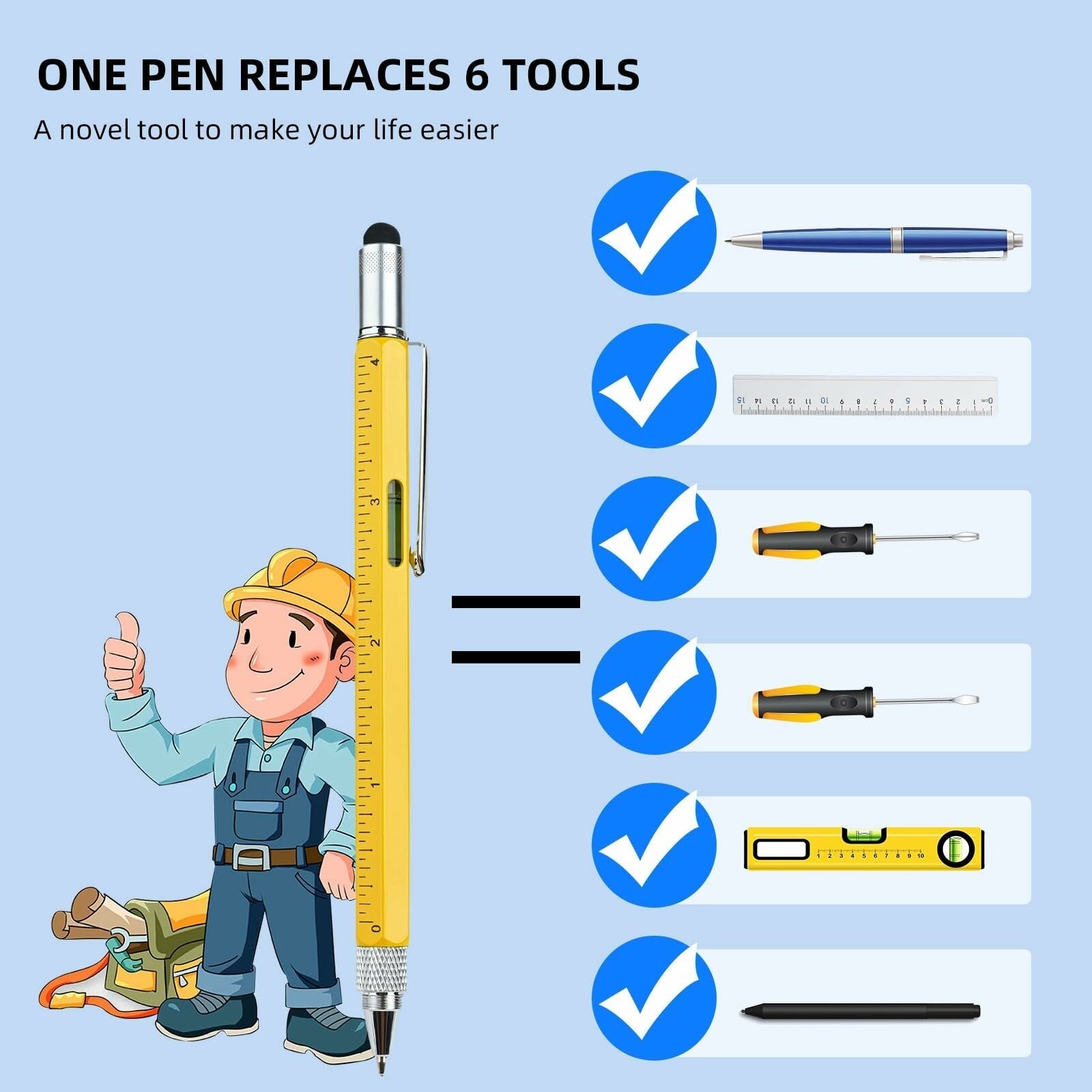 6-in-1 Multitool Pen - Ballpoint, Stylus, Ruler, Screwdrivers, Level - Durable Aluminum, Gift Boxed, Ideal for DIY & Crafts